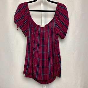 Perch Womenʻs Plus Size 100% Rayon Burgundy Elastic Neckline Plaid Blouse 2X